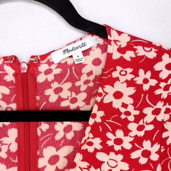 Madewell Romper Womens 4 Red Floral Shorts Wrap Front Top Zip Back Pockets - Picture 9 of 15